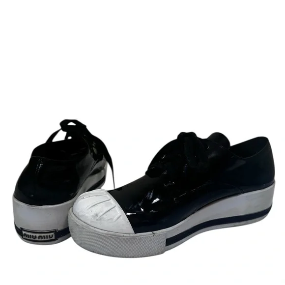 Miu Miu Patent Leather Vernis Rubber Cap Toe Platform Sneakers Flats Shoe Lace 8 - Picture 3 of 16